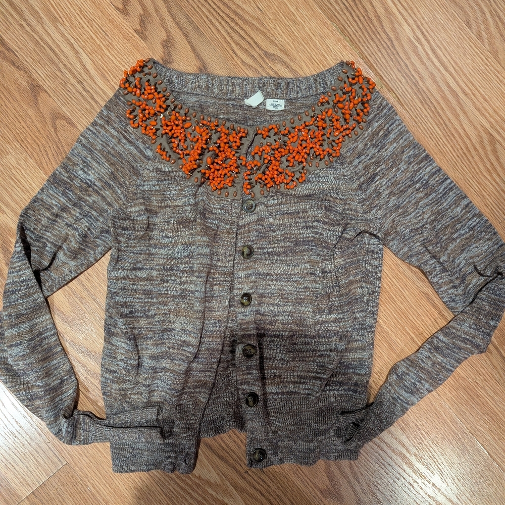 Anthropologie Brown Marled Cardigan with Orange Beaded Neck